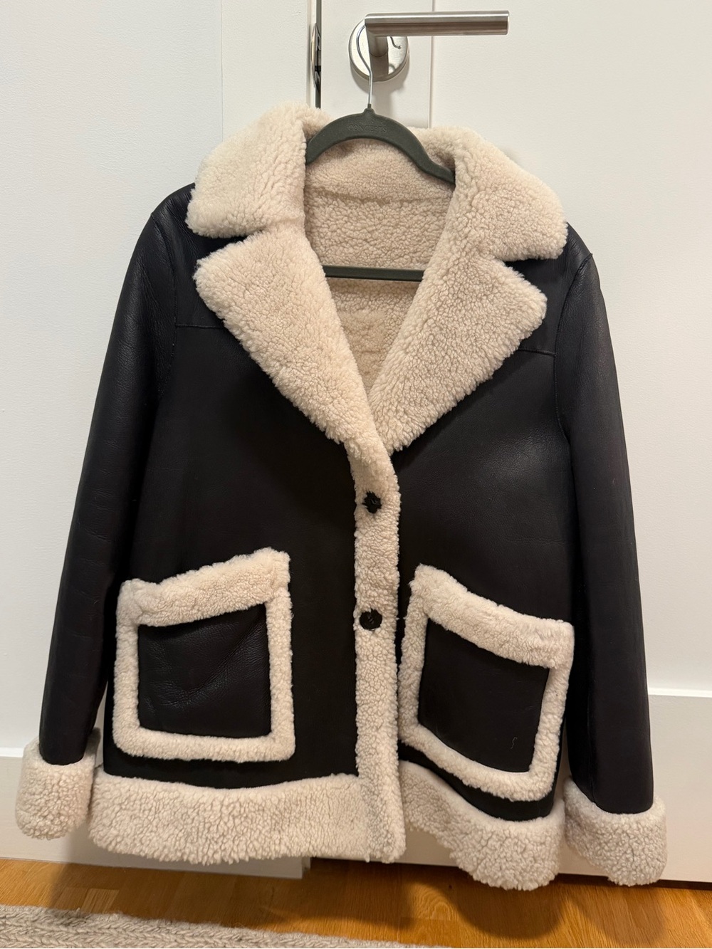 Maje Black Leather Jacket with Cream Shearling Trim